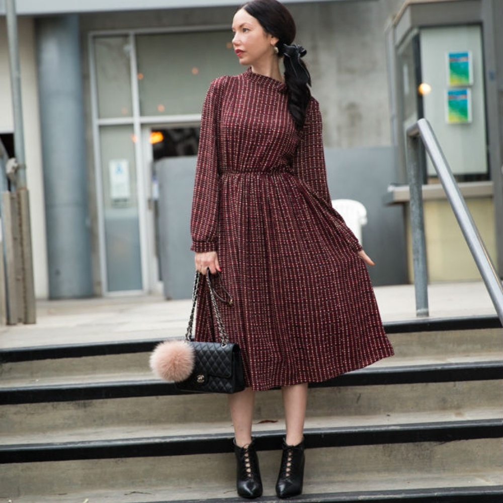 Chicwish Burgundy Patterned Long-Sleeve Midi Dress